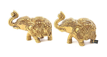Two Moustaches Handmade Ethnic Indian Brass Elephant Pair Decor Showpiece, Standard, Golden, 2 Units