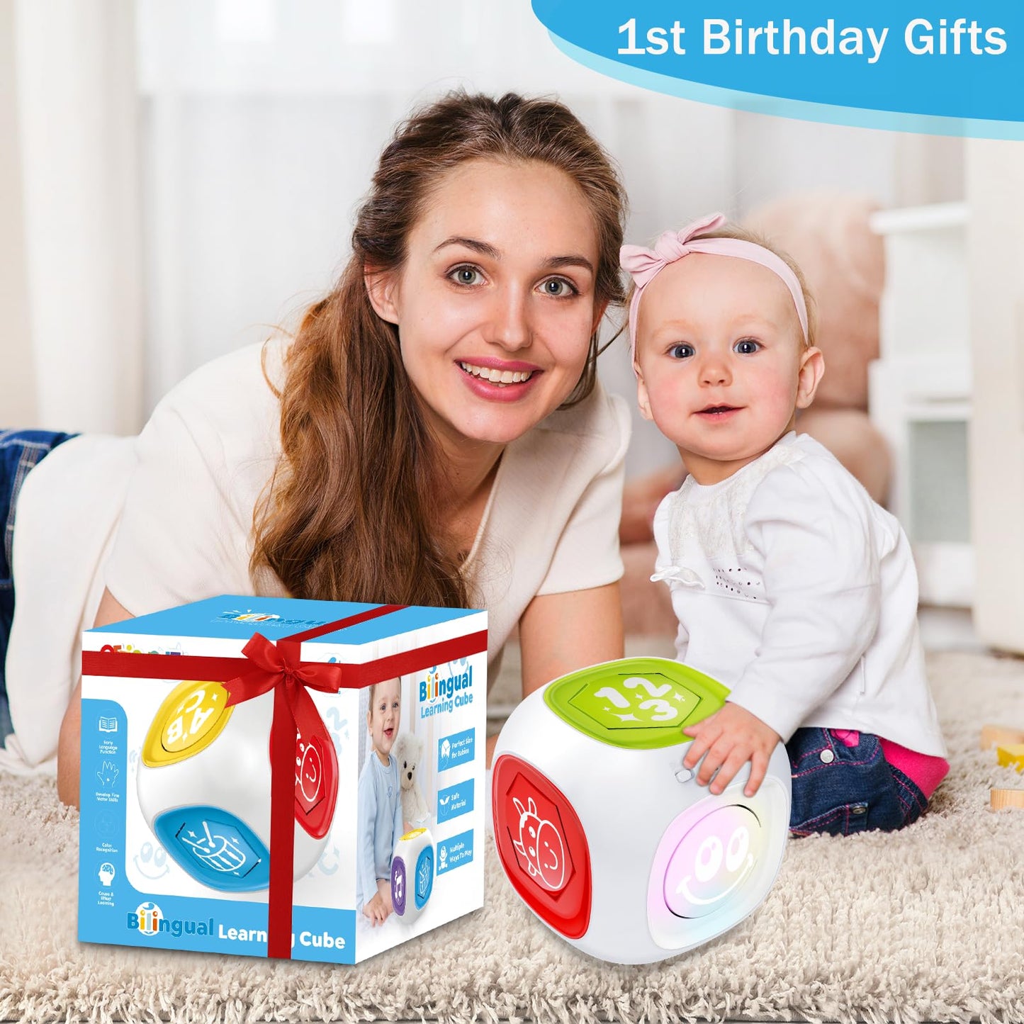 Toys For 1+ Year Old Boy Girl, Bilingual Learning Cube With Music & Light, Early Learning Musical Baby Toys 12-18 Month, Educational Toy For Toddler Age 1-2, Christmas Birthday Gifts For Kids Aged 1+