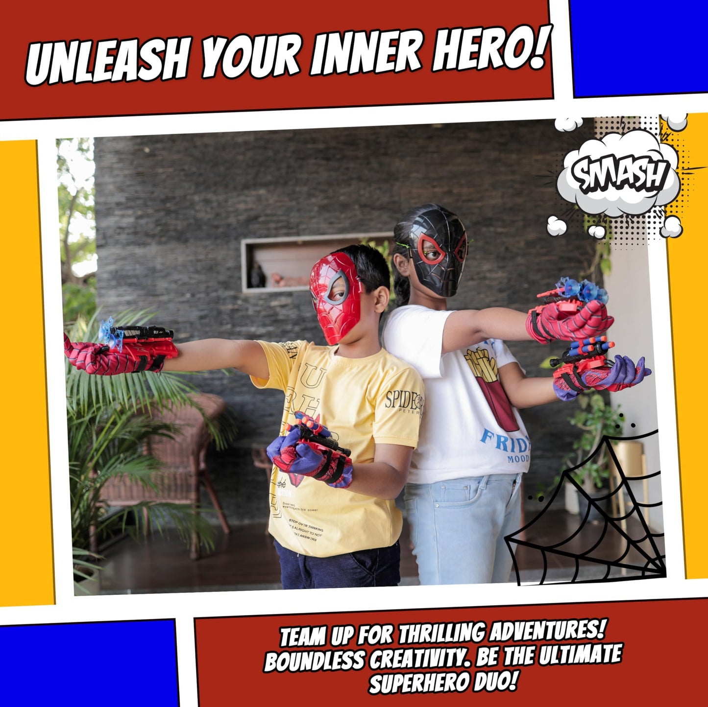 Capexia Superhero Web-Slinging Toy Set - 2 Web Shooters, 2 Masks, Gloves & Cape, Red/Blue/Black, Ages 3+, Indoor/Outdoor Role-