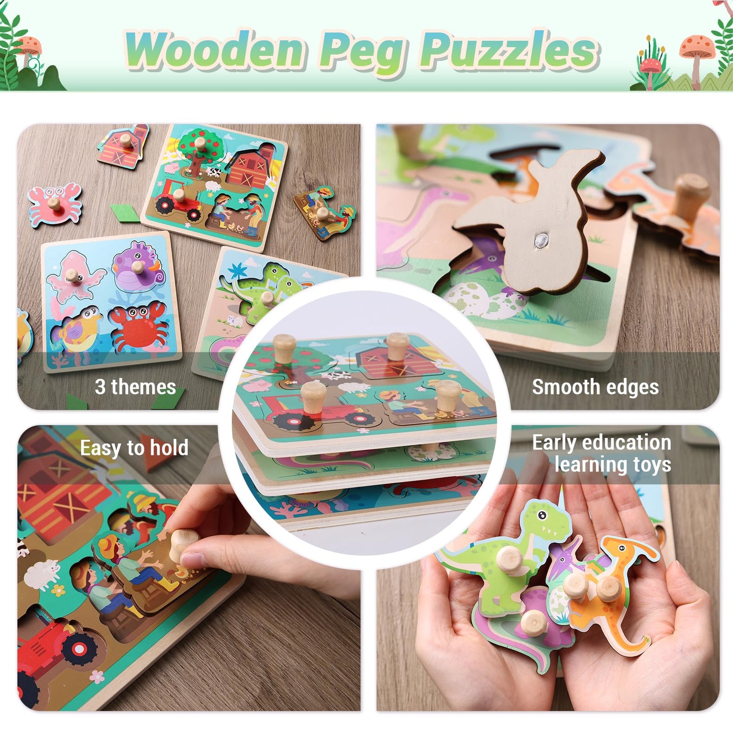 Mcpinky 3 Sets Wooden Peg Puzzles, Puzzles For Toddlers Knob Puzzles With Handles Educational Montessori Puzzles For Kids Presch
