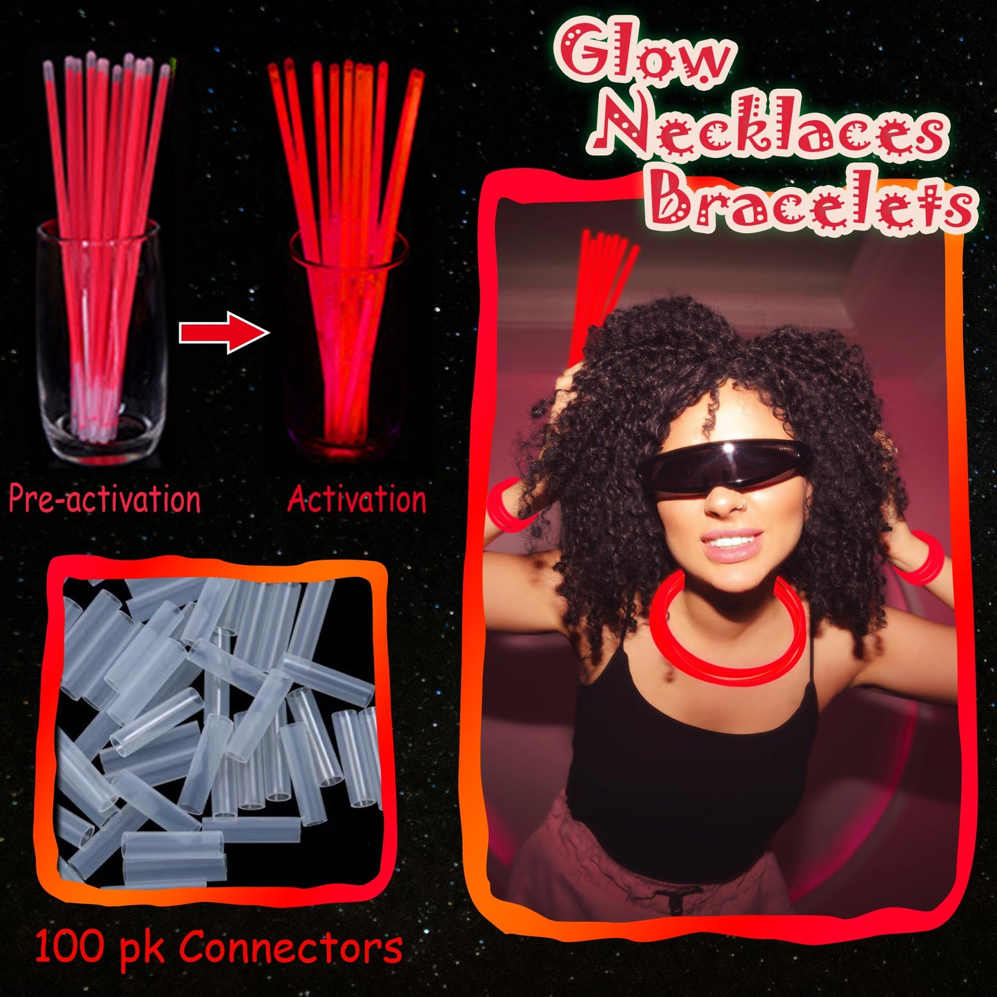 Ilhsty 100 Pcs 8'' Red Glow Sticks Glow Necklaces In The Dark Party Favors Supplies Bright Glowsticks Bulk With Accessories For