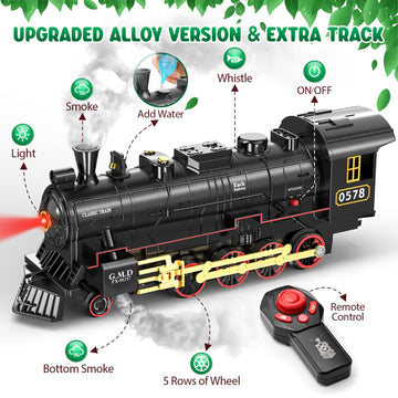 Hot Bee Train Set For Boys, Alloy Remote Control Train Toys With Steam Locomotive Cargo Cars Tracks, Trains With Realistic Smoke Sound Lights,Christmas Train Toys Gifts For 3 4 5 6 7 8+ Years Old Kids