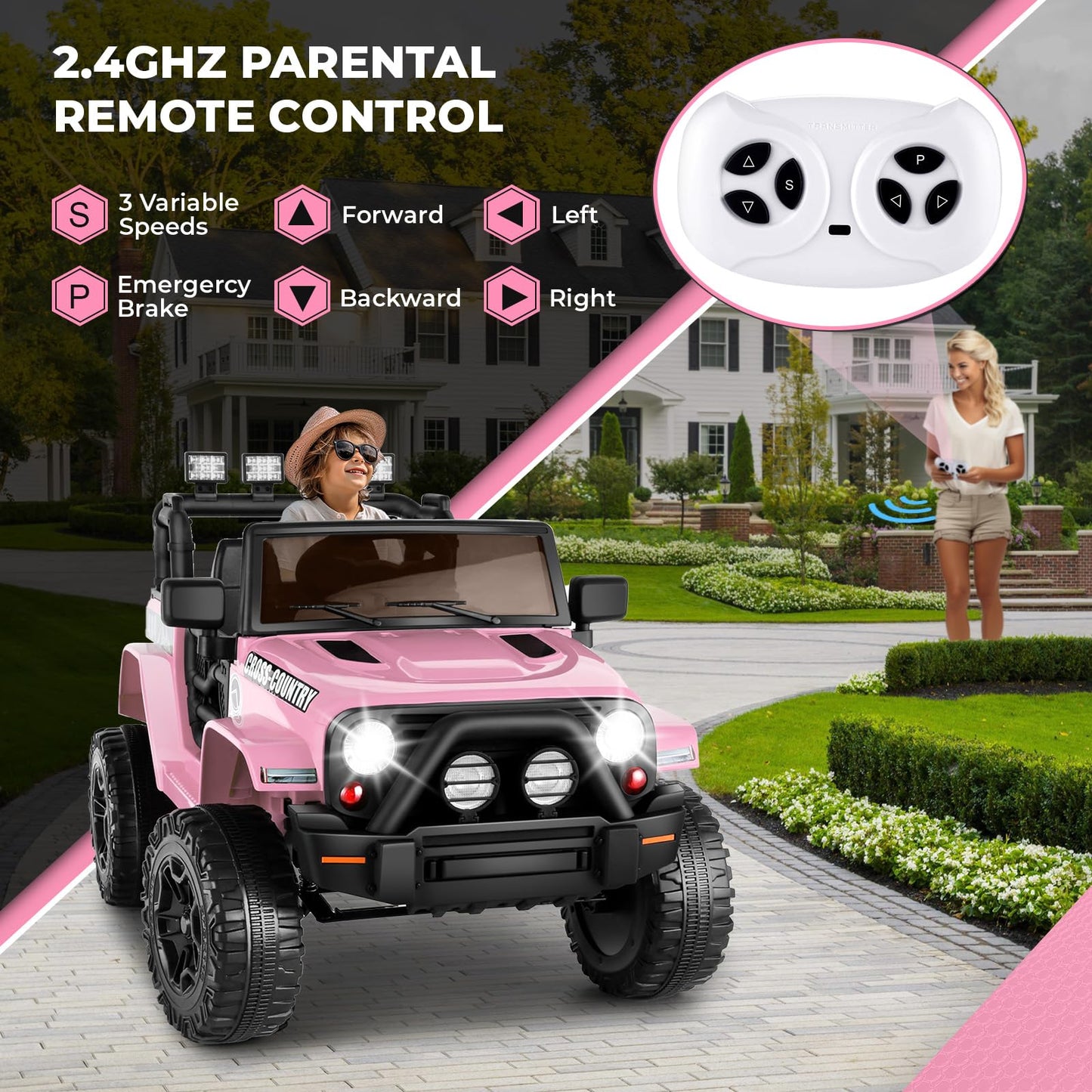 Hikole Electric Ride on Car for Kids, 12V Battery Powered Car w/Parent Remote Control, Music, Windshield, Spring Suspension, 3 S