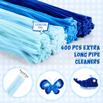 RoundFunny 400 Pcs 24 Inch Extra Long Blue Pipe Cleaners Chenille Stem Thick Fluffy Pipe Cleaners Craft Supplies for Halloween A