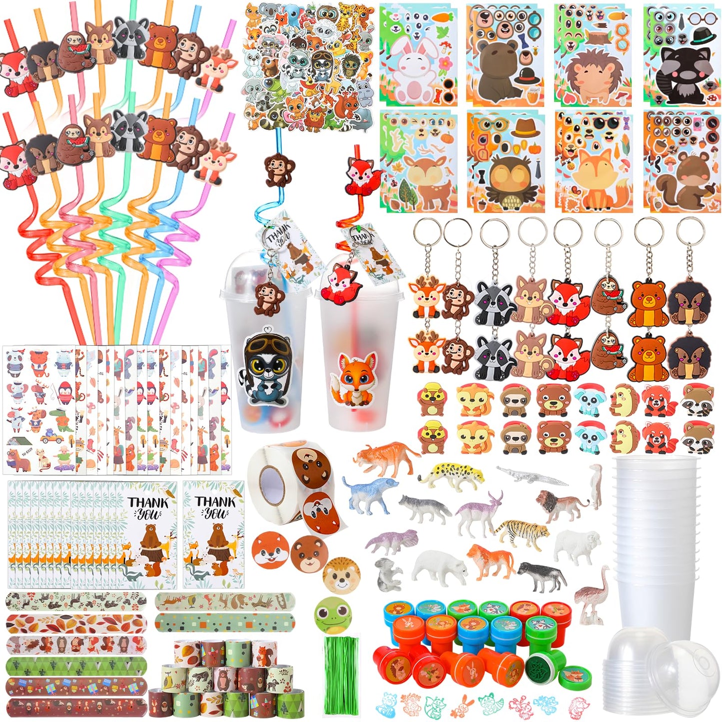 Poen 172 Pcs Woodland Party Favors Set Include Cup Straw Stamp Clap Bracelet Keychain Ring Puzzle Sticker Animal Miniature Card