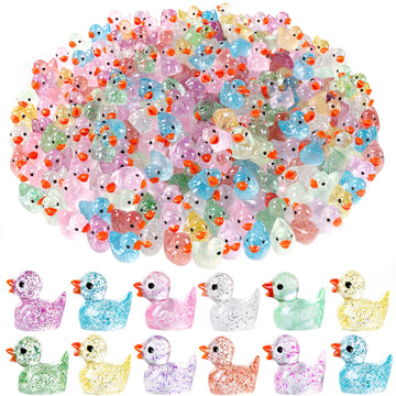 DULEFUN 100pcs Mini Glitter Ducks - Colorful Tiny Resin Animal Figures for Dollhouse, Landscape & Aquarium Decorations, Small Size