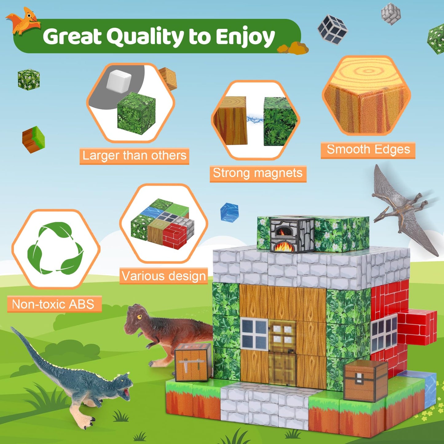 Magnetic Blocks 110Pcs With 6 Dinosaur Toys, Mine Magnet World Building Blocks Set, Toys For Boys & Girls Age 4-6,6-8, Stem Mont