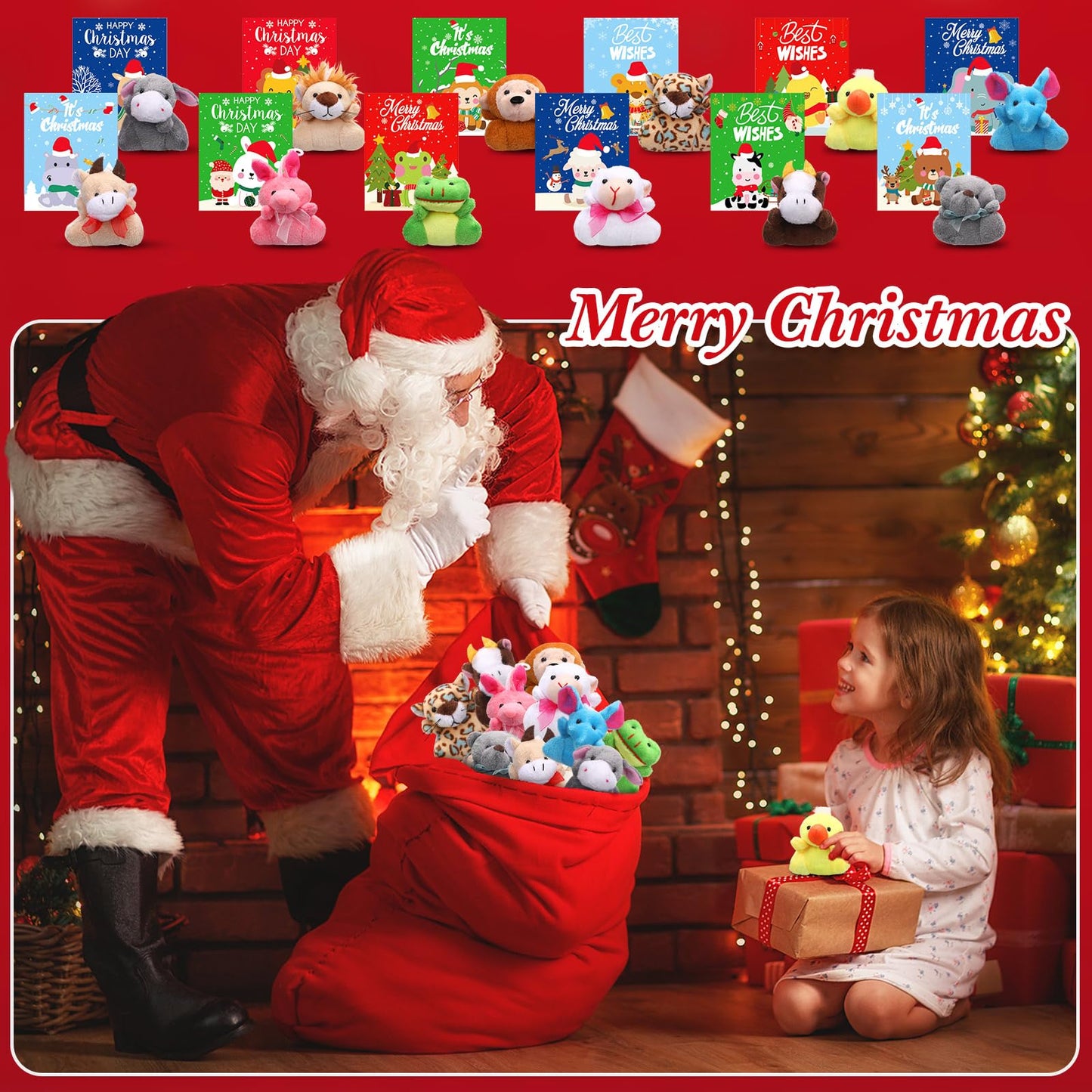 Motionchic 48 Set Mini Christmas Stuffed Animals Bulk with Winter Snowflakes Snowmen Cards Cute Plush Animals Keychain for Xmas