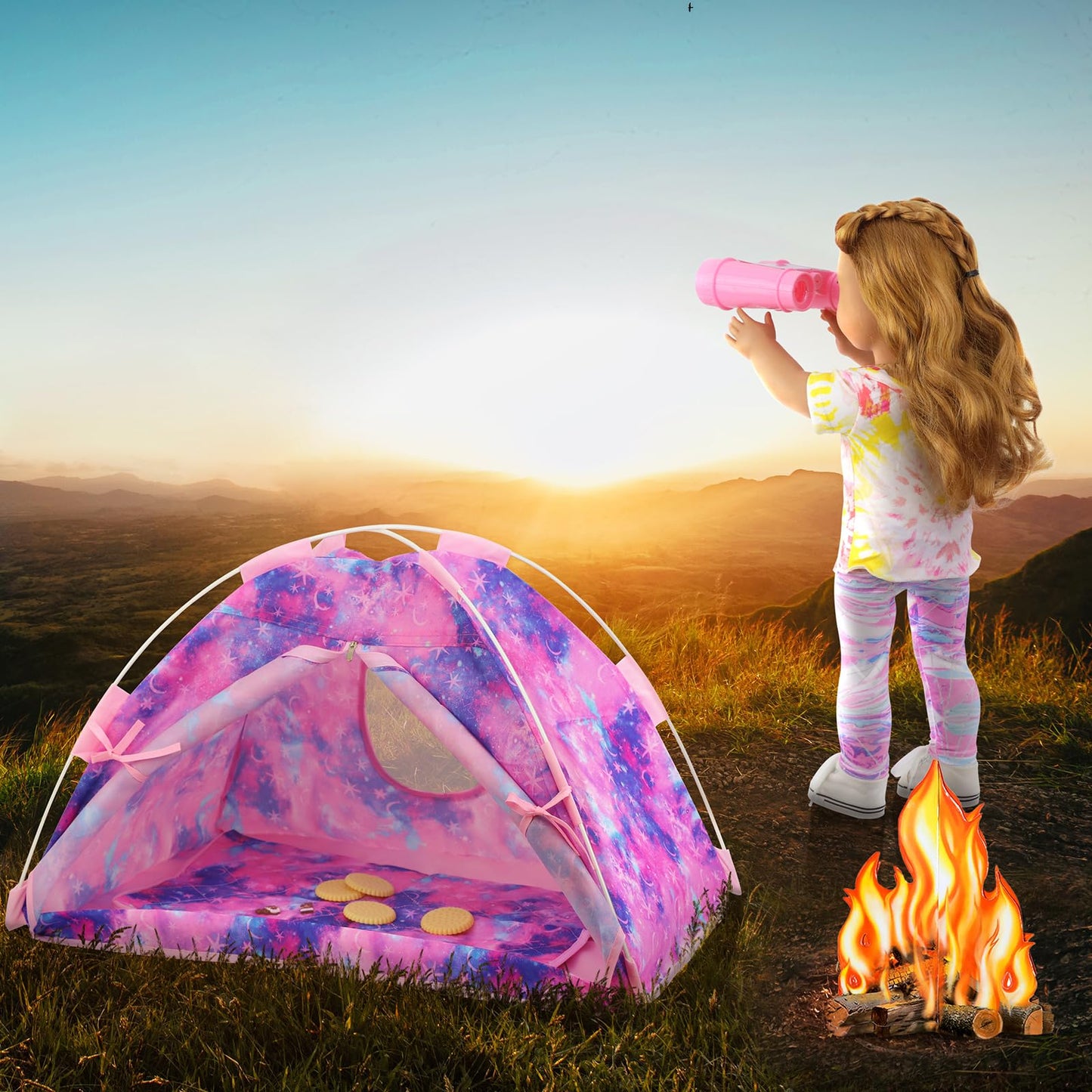 Ecore Fun 11 Items 18 Inch Girl Dolls Camping Tent Set And Accessories Including 18 Inch Doll Camping Tent Clothes Set Campfire Chocolate Biscuit Binoculars Etc