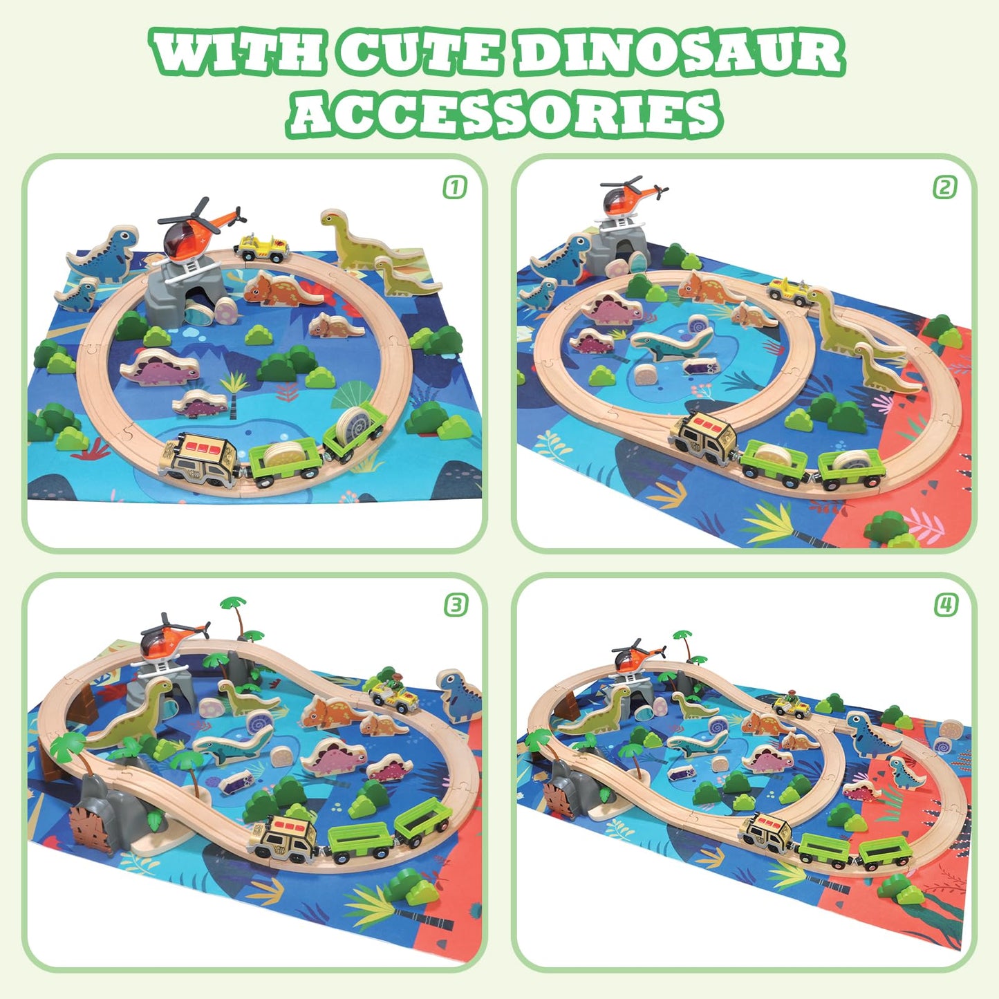Woodenedu 80Pcs Wooden Train Set, Dinosaur Wooden Train Track Set, Wood Toy Train Set For Toddlers 2-4, Train Toys For Toddlers