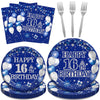 Kepeel 96Pcs 16Th Birthday Party Tableware Set, Blue And Silver Happy 16Th Birthday Party Decorations Supplies For Boys Girls 16