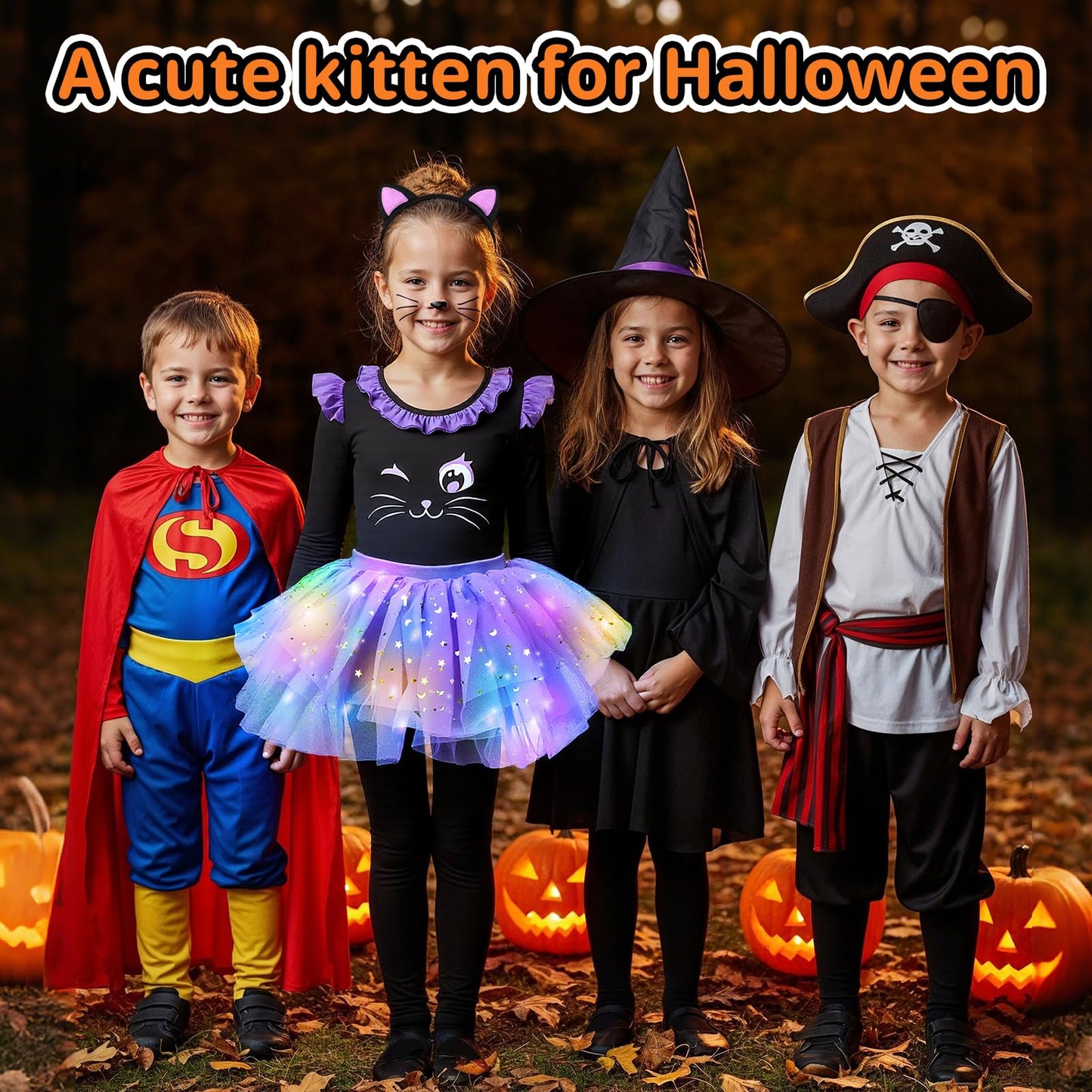 GIFTINBOX Cat Costume for Girls Light Up Black Cat Costume Halloween Animal Dress Up Costumes for Kids Age 3-9