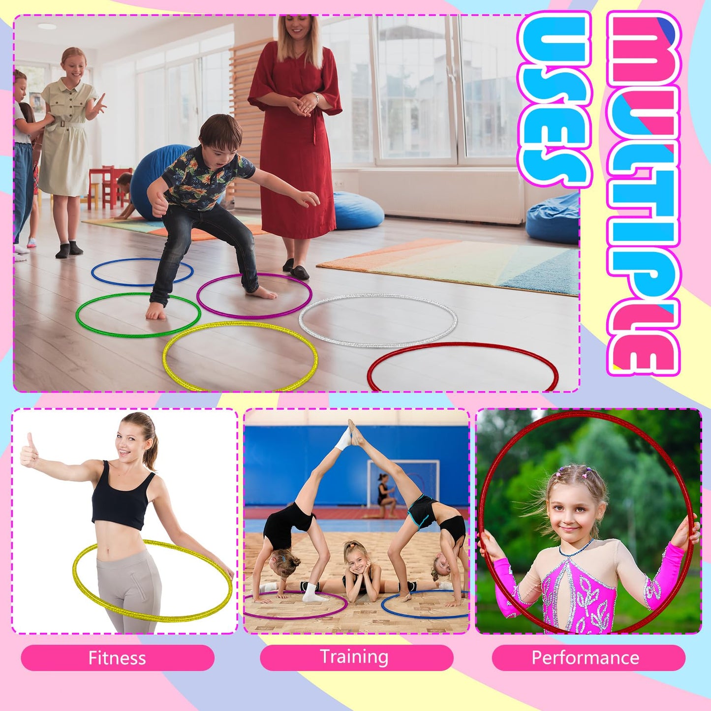 Syhood 6 Pcs Glitter Plastic Exercise Hoop Fitness Circles Fitness Hoop Exercise Rings for Party, Game, Sports, Pilates, Playing