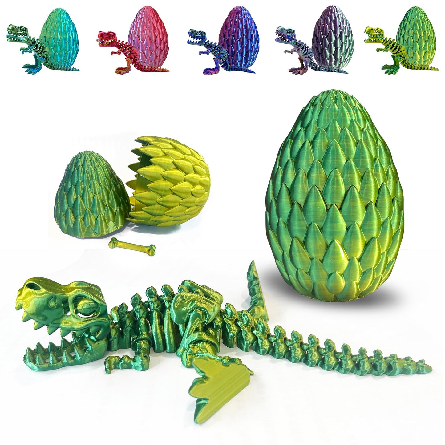Easter Basket Stuffers-3D Printed Dinosaur Toy, Mystery Crystal Dinosaur Egg With Articulated Tyrannosaurus Rex, Easter Basket Gifts Flexible Rexi Toys, Dragon Egg Fidget Toy For Autism (Yellowgreen)