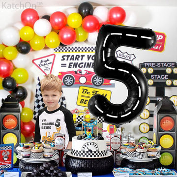 Katchon, Number 5 Race Car Black Balloon - Giant 40 Inch, Party Supplies, Hotwheel Birthday Decorations, Unisex, All Ages, 3 Pieces