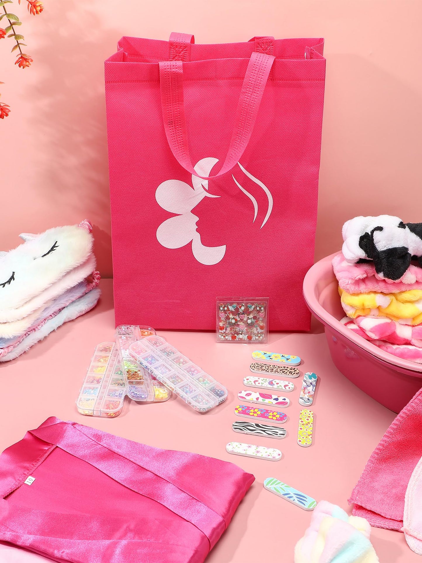 Suhine 6 Set Spa Party Supplies for Girls, Kids Satin Robes Nail Salon Kit Spa Kit Accessories for Birthday Party Favors (Rose R