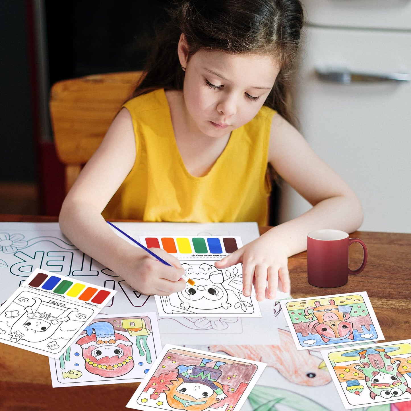 VKPI Water Coloring Activity Books, Watercolor Paint Books for Kids, 18 Mess Free Drawing Sheets, with 3 Painting Brushes, Gifts