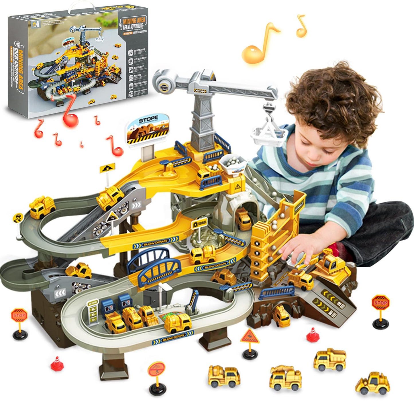 Toys For 3 Year Old Boys - Smiesskiddo 68 Pcs Stem Construction Race Track Set With Music & Mining Scenes | Montessori Learning