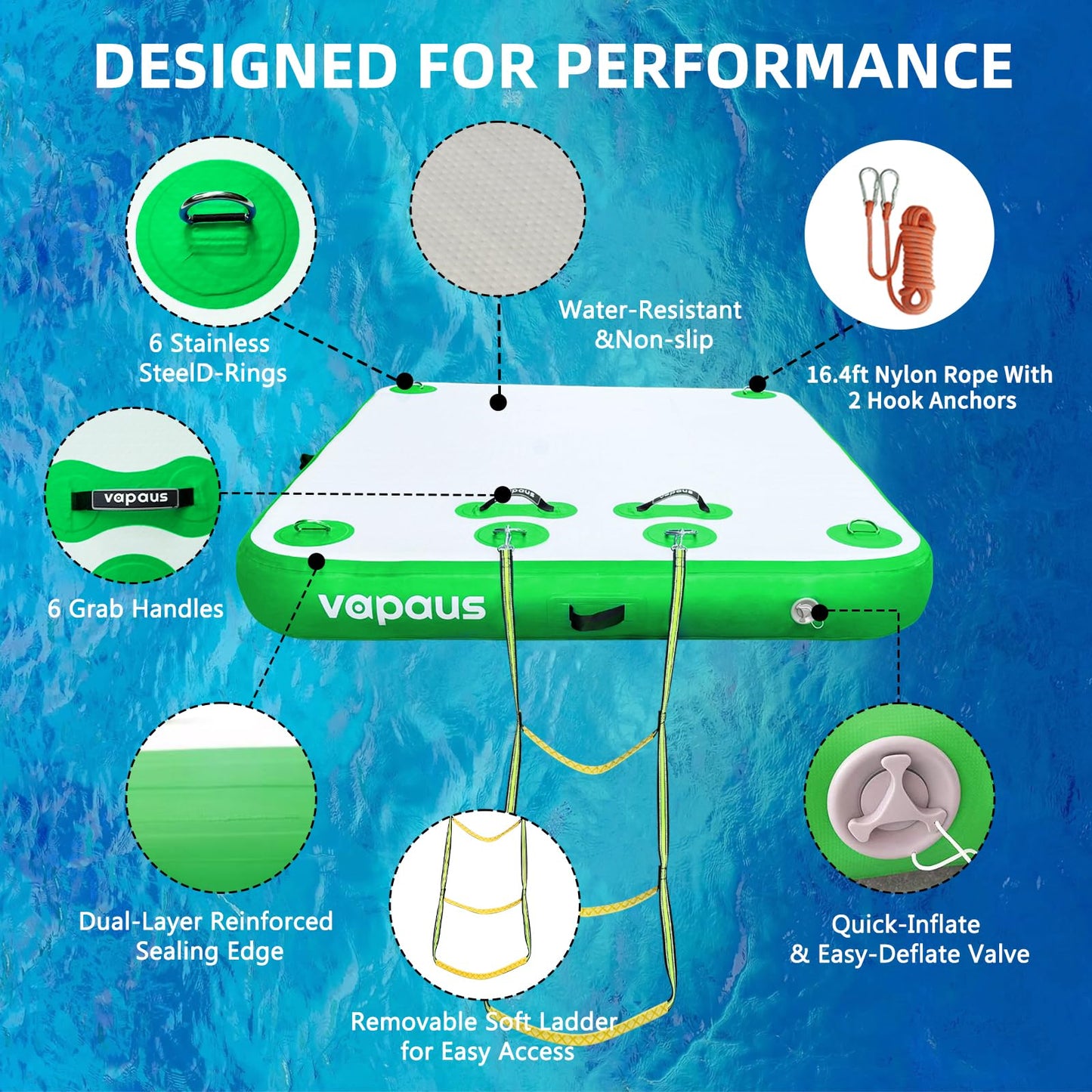 vapaus Inflatable Floating Dock Water Air Mat Swim Platform Floating Island Deck with Rope Ladder for Pool Lake Beach Relaxing S
