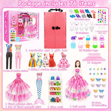 66Pcs Doll Clothes And Accessories With Doll Closet For 11.5 Inch Doll Dress Up Set With 1 Doll Fashion Dresses Outfits Tops And Pants Shoe Rack Bags Gift Toy For Girls 4 5 6 7 8 9 10 Years