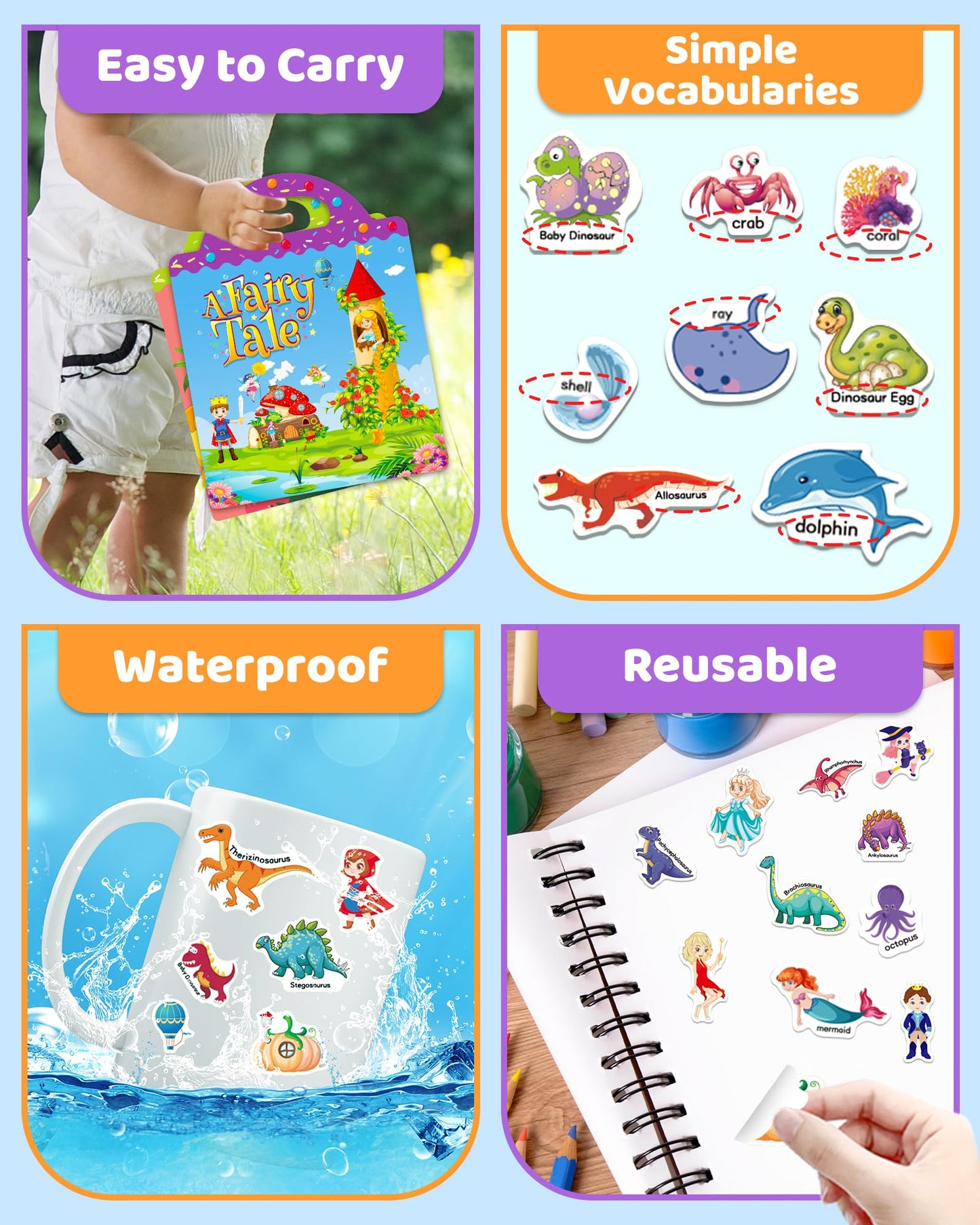 Benresive Reusable Sticker Books For Kids 2-4, Sticker Books For Toddlers 1-3, Toddler Sticker Book Age 2-4, Toddler Travel Toys Activities Crafts Gifts - Ocean, Fairy And Dinosaur