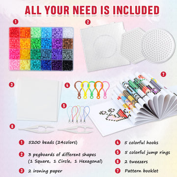 QUEFE 5200pcs Perler Beads Fuse Beads Kit for Boys and Girls, 24 Colors 5mm Melting Beads Set Including Pegboards, Ironing Paper
