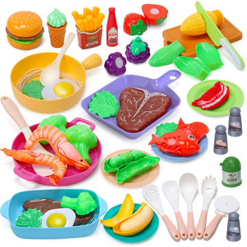 CUTE STONE Kids Play Kitchen Toy Accessories, Toddler Pretend Cooking Playset with Toys Cookware and Utensils, Toys Food for Cut