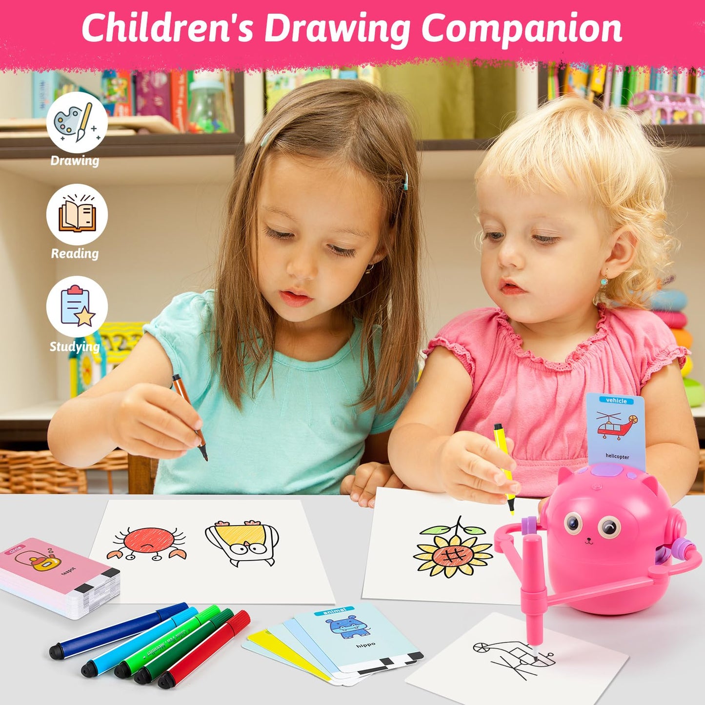 Treefia Drawing Robot For Kids, Interactive Educational Drawing Robot, Magic Painting Robot Toy With 100 Word Cards & 16 Color P