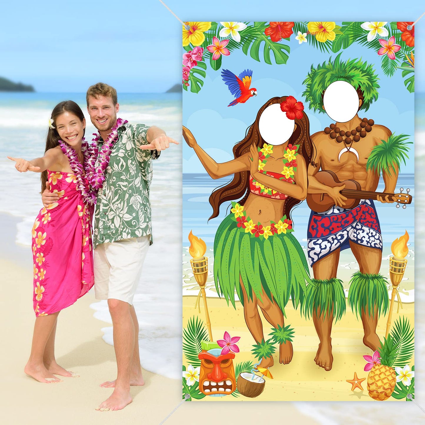 Luau Couple Photo Door Banner Hawaiian Party Decorations Tiki Luau Photo Props Aloha Tiki Banner For Party Hawaiian Door Banner Luau Party Supplies For Tropical Beach Party, 6 X 3.6 Ft