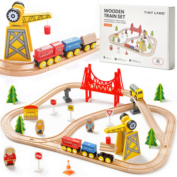 Tiny Land Wooden Train Set - 55PCS Educational Toy for Toddlers & Kids 3-7, Durable Tracks Compatible with Major Brands, Wood Color
