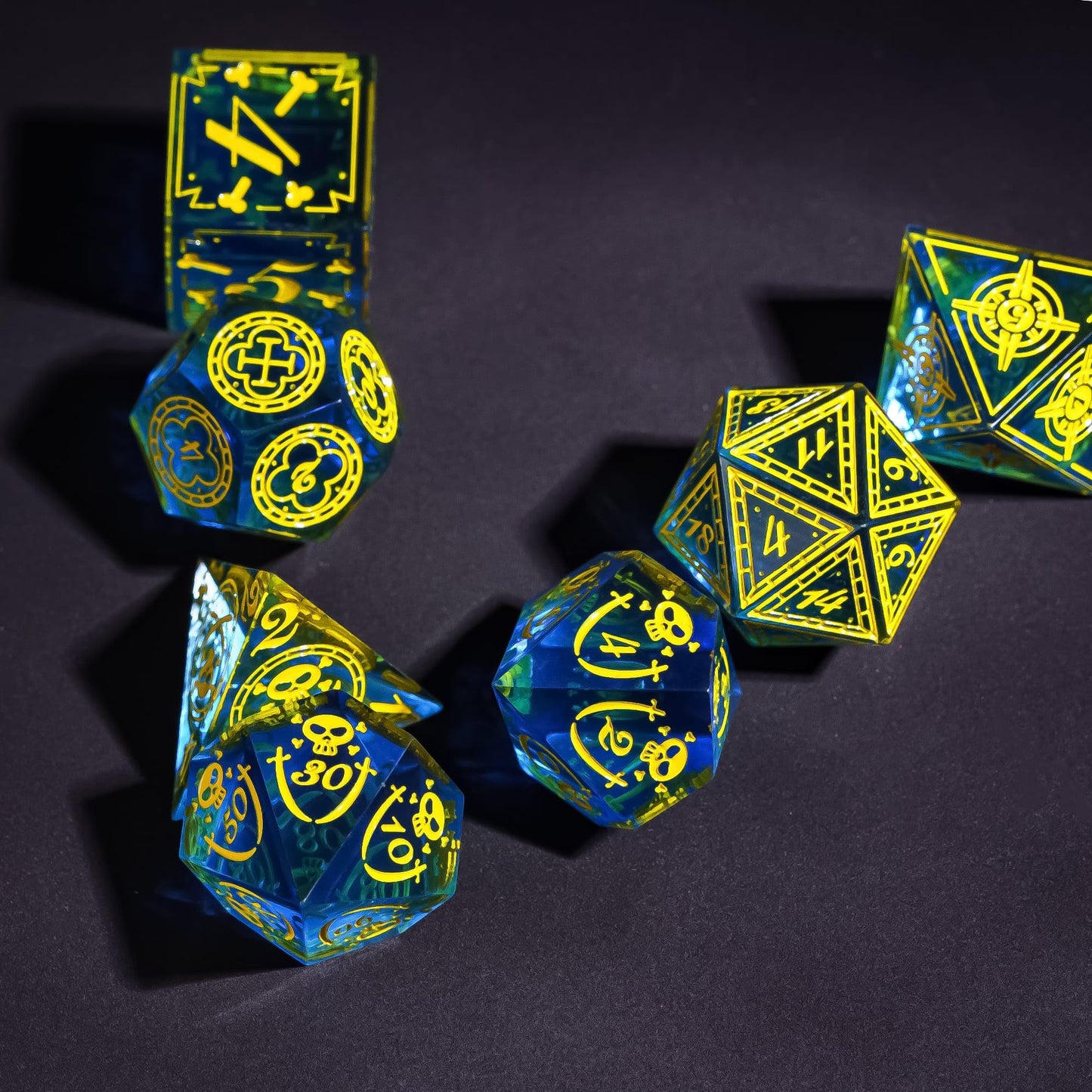 Cusdie 7-Piece Sharp Edges Dnd Dice Set With Pirate Design - Perfect For Tabletop Rpgs Board Games Gifting And Collecting(Blue W