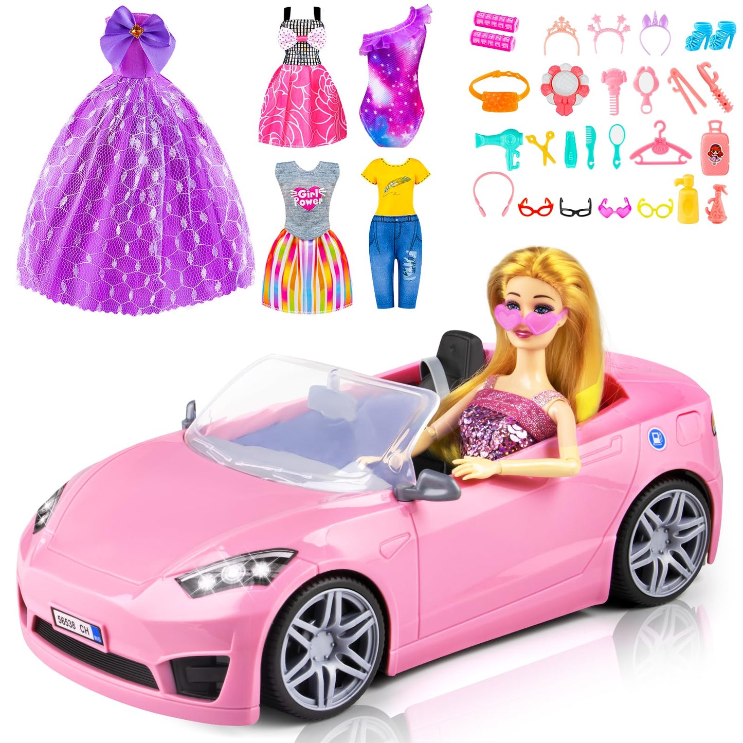 76 Pcs Doll & Convertible Car Playset,Included 11.5 In Doll,Doll Car,Princess Dresses,Fashion Dresses,Casual Clothing,Swimsuits,