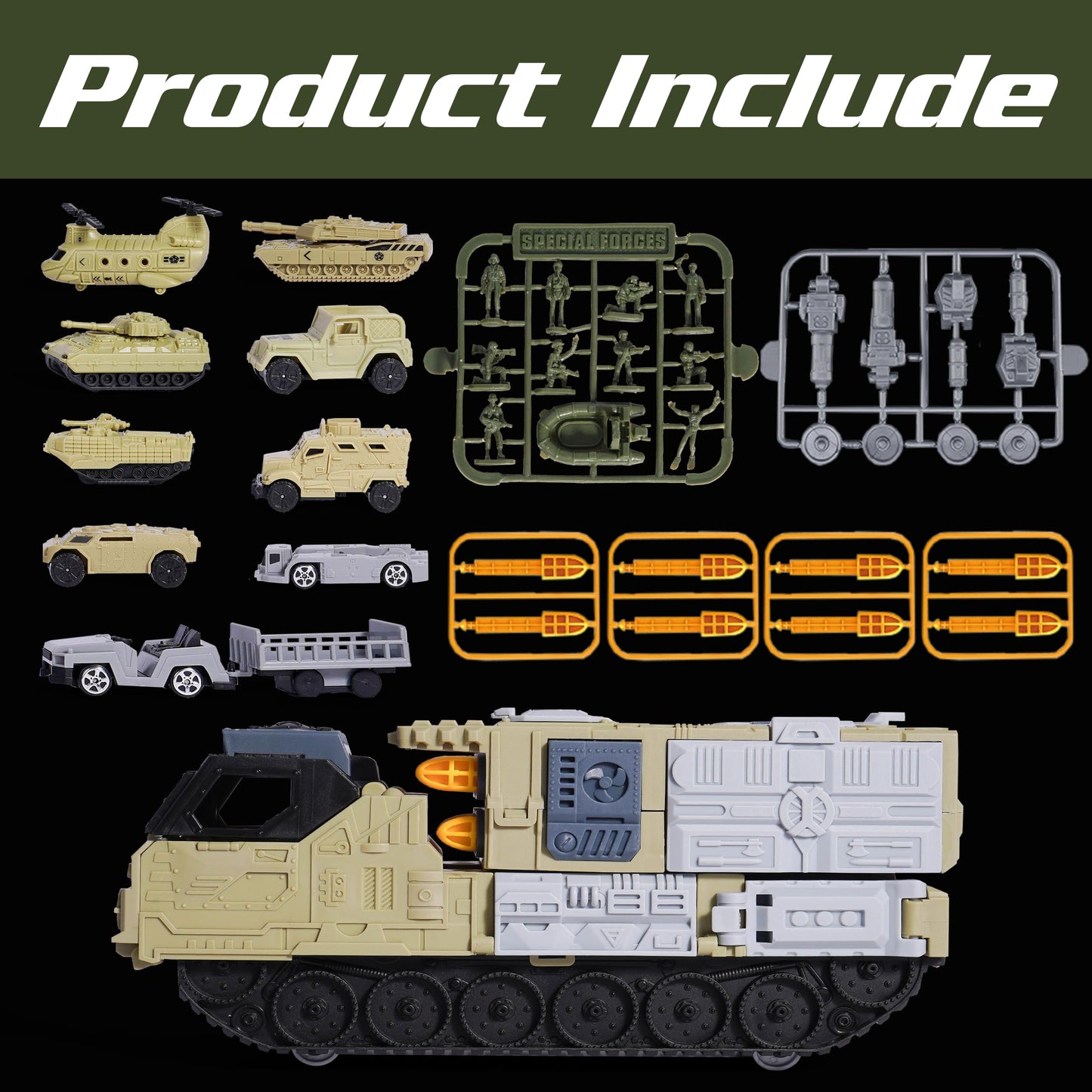 XDUOYJOY Military Tank Toy Sets with Launchable Missiles, Army Toys with 9 Vehicles, Helicopter Trucks Army Men Action Figures,