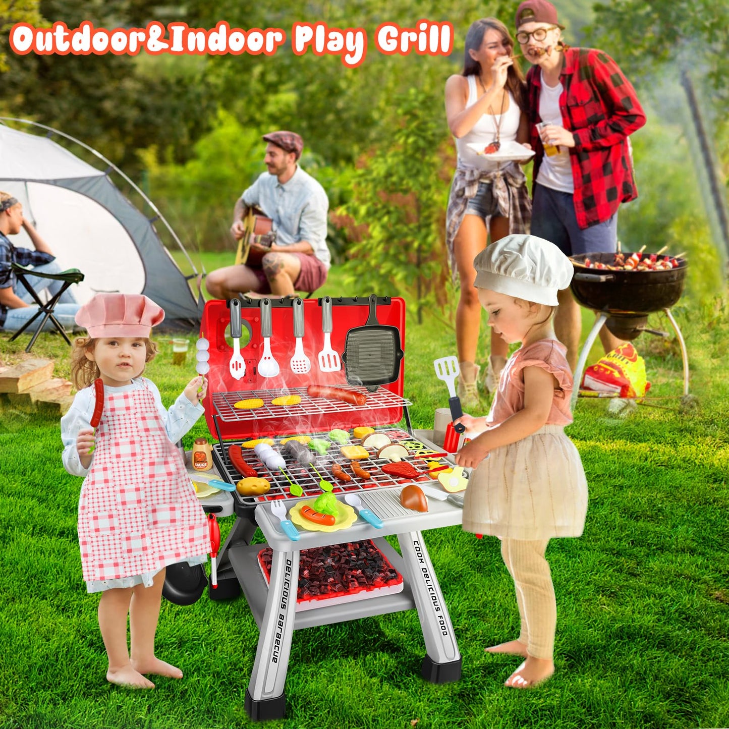 Sumfox 41Pcs Toy Grill Kids Grill Playset with Sound & Light for Toddlers - Kids BBQ Grill Playset for Indoor and Outdoor Kitche