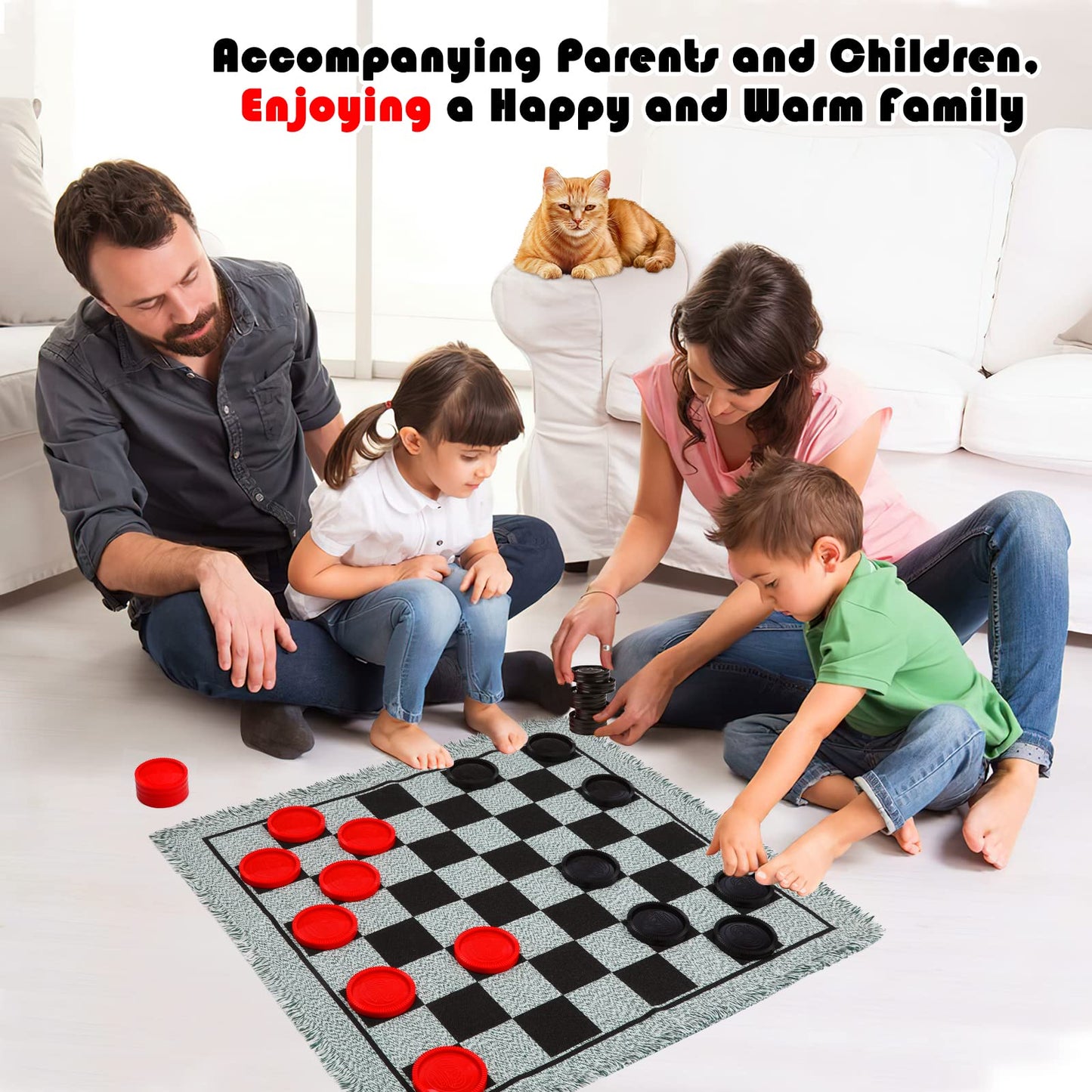 Giant Checkers Board Game Set,3 In 1 Tic Tac Toe Board Draughts Reversible Rug Game For Kids & Adults, Big Checker Floor Game Mat,Indoor Outdoor Yard Game For Family Camping Party
