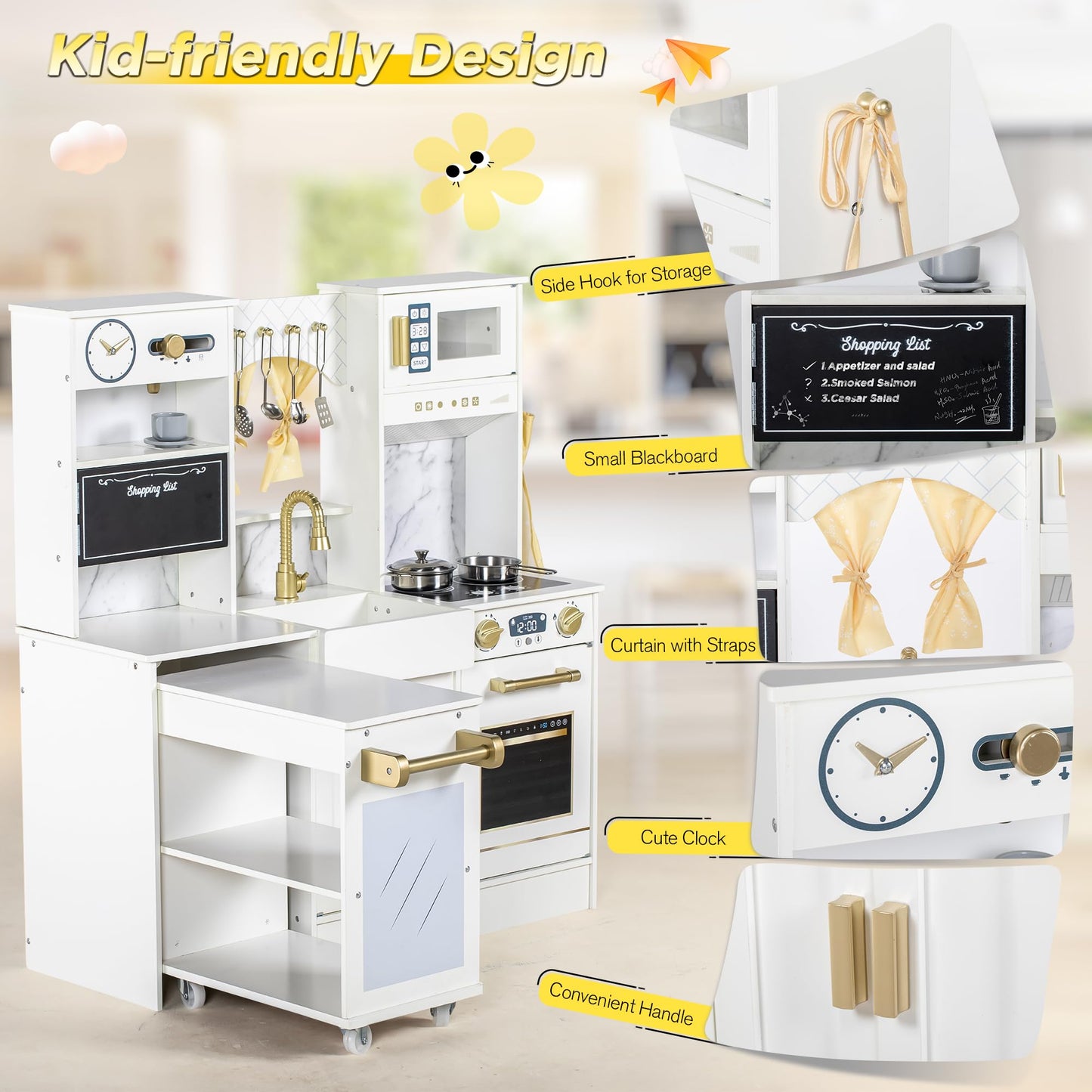 BRINJOY Kids Play Kitchen with Removable Cart, Wooden Toddler Kitchen Playset with Oven, Stove, Sink, Coffee Maker, Pretend Play