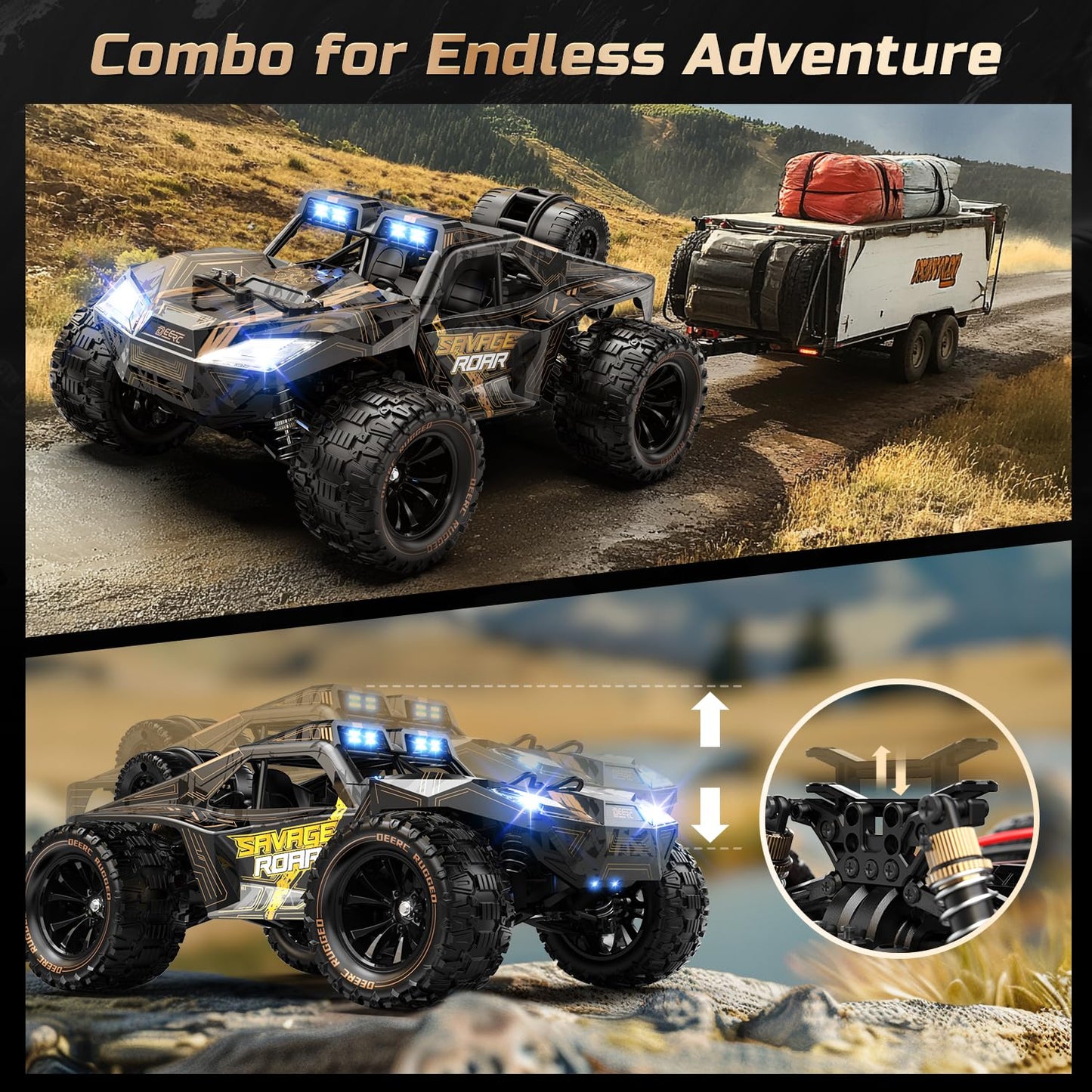 DEERC 1:14 All Terrain Fast RC Car, 40KPH High Speed RC Truck with LED Headlight for Boys, Offroad 2.4Ghz 4x4 Remote Control Car