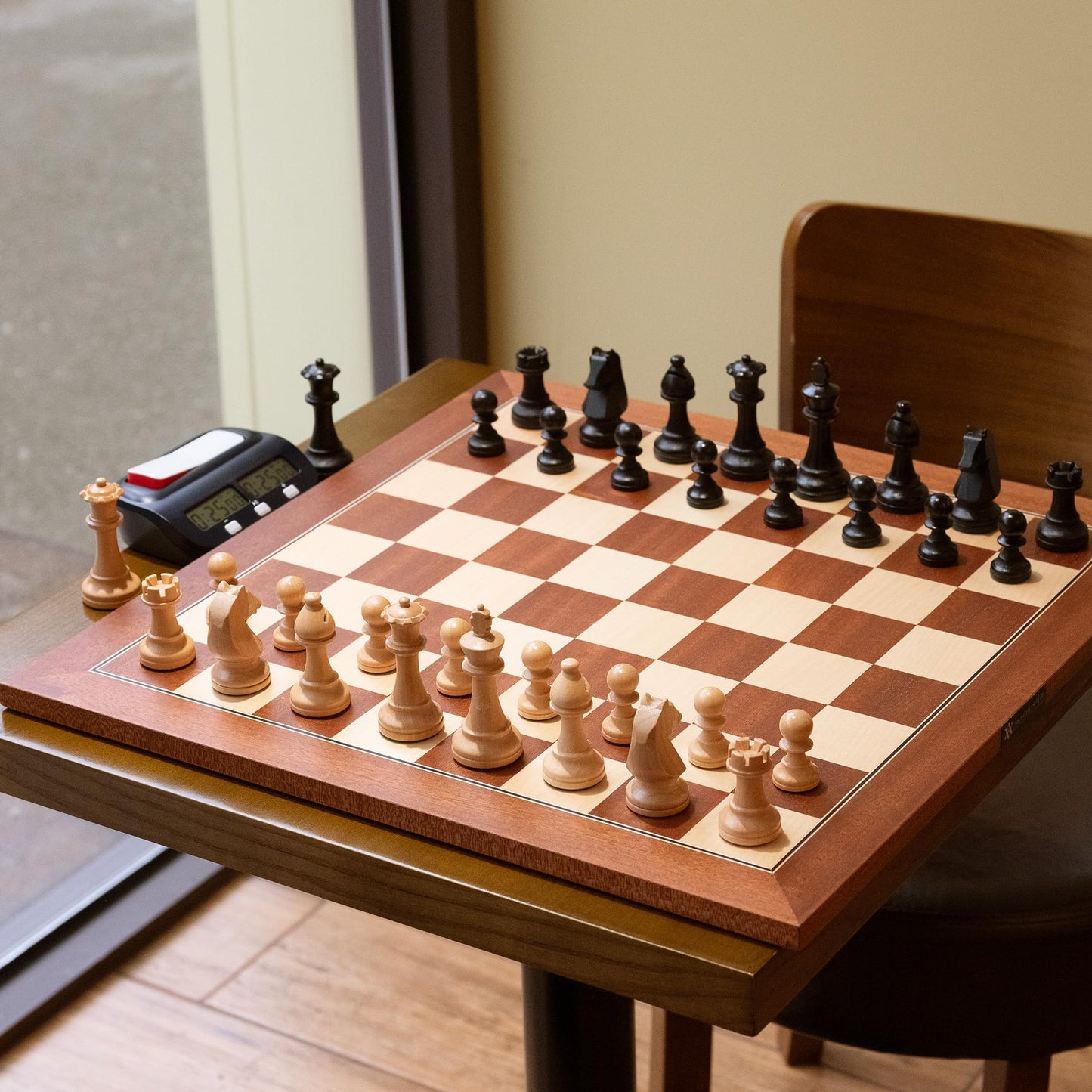 A&A 21.25" Professional Wooden Tournament Chess Board - Mahogany & Maple Inlaid, Model 1208.5400.02, 2.25" Squares, W/O Notation