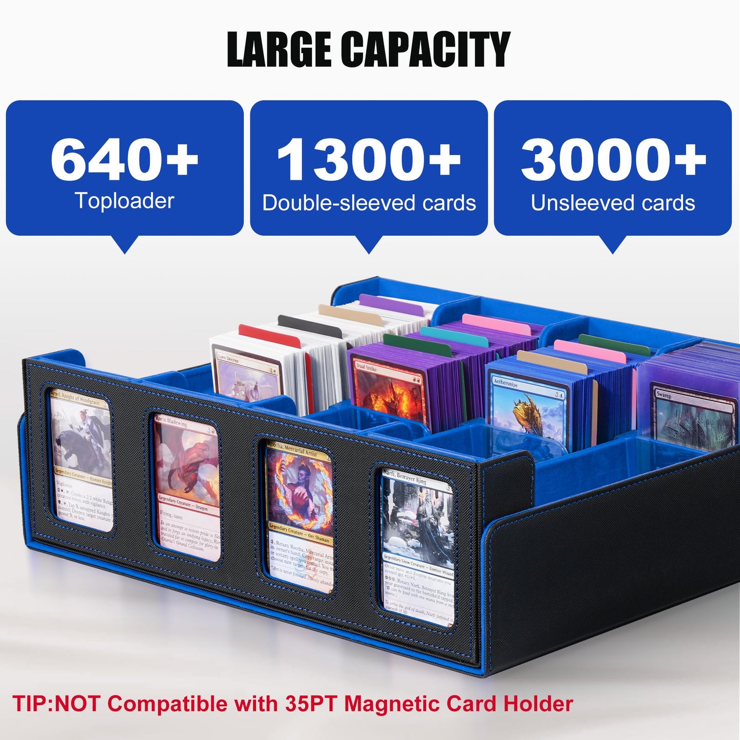 Kabinka Trading Card Storage Box With Commander Display, 4-Row Deck Case With Removable Lid; 2400+ Card Deck Box For Mtg Tcg Spo