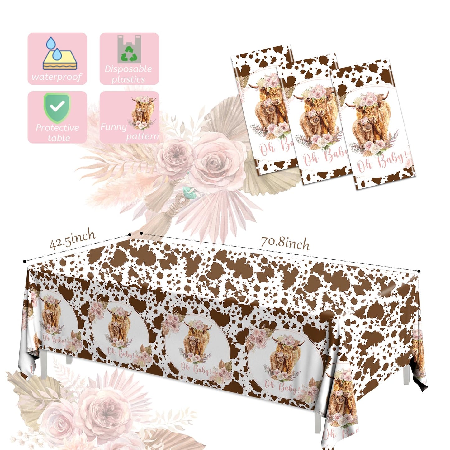 Hakoti 3Pack Holy Cow Tablecloth,Cow Baby Shower Decorations Brown Cow Print Rectangular Plastic Table Cover For Birthday Party