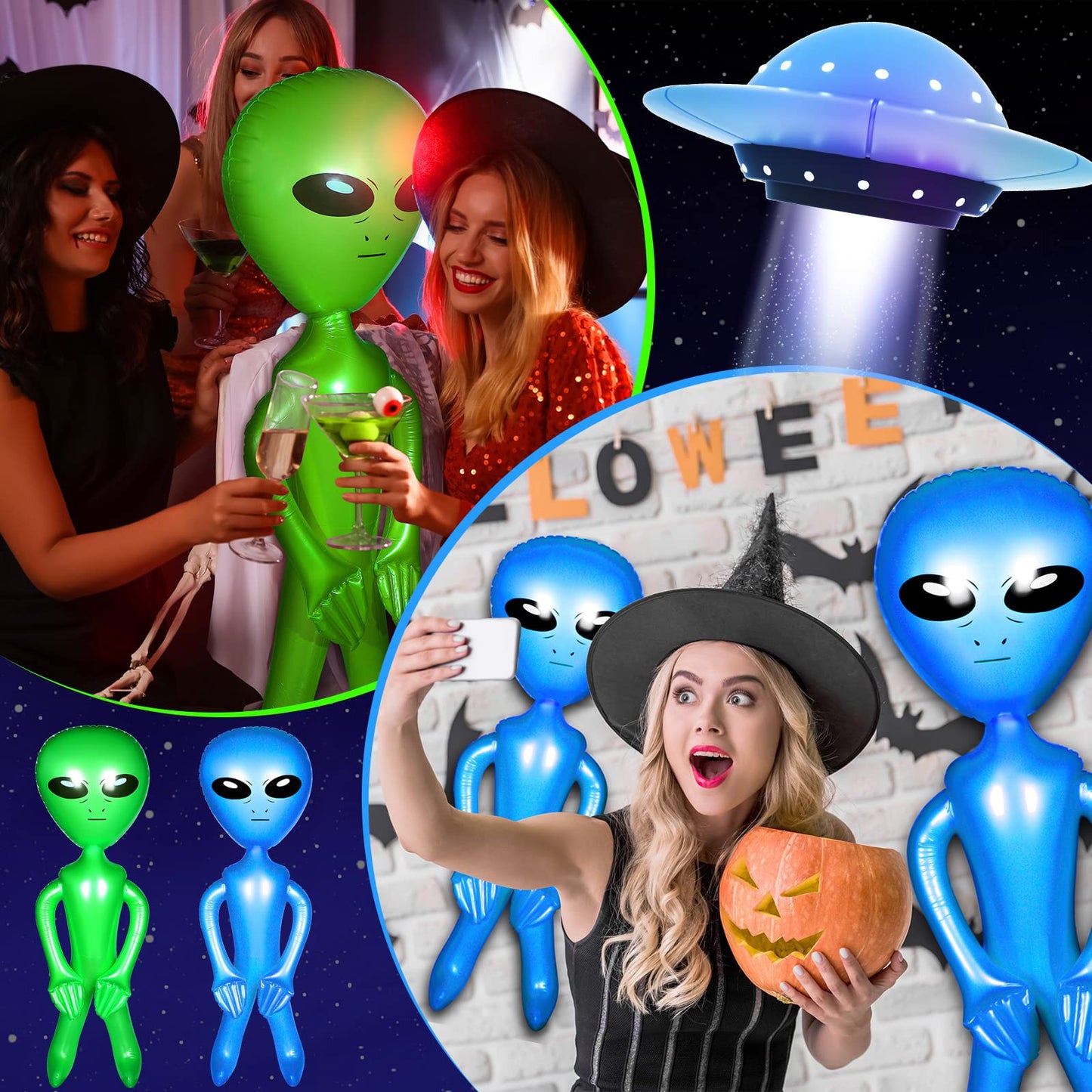 Zhanmai 4 Pcs 63 Inch 35 Inch Inflatable Alien Jumbo Alien Party Decorations Alien Balloon Inflate Alien For Halloween Party Favors(Green, Blue)