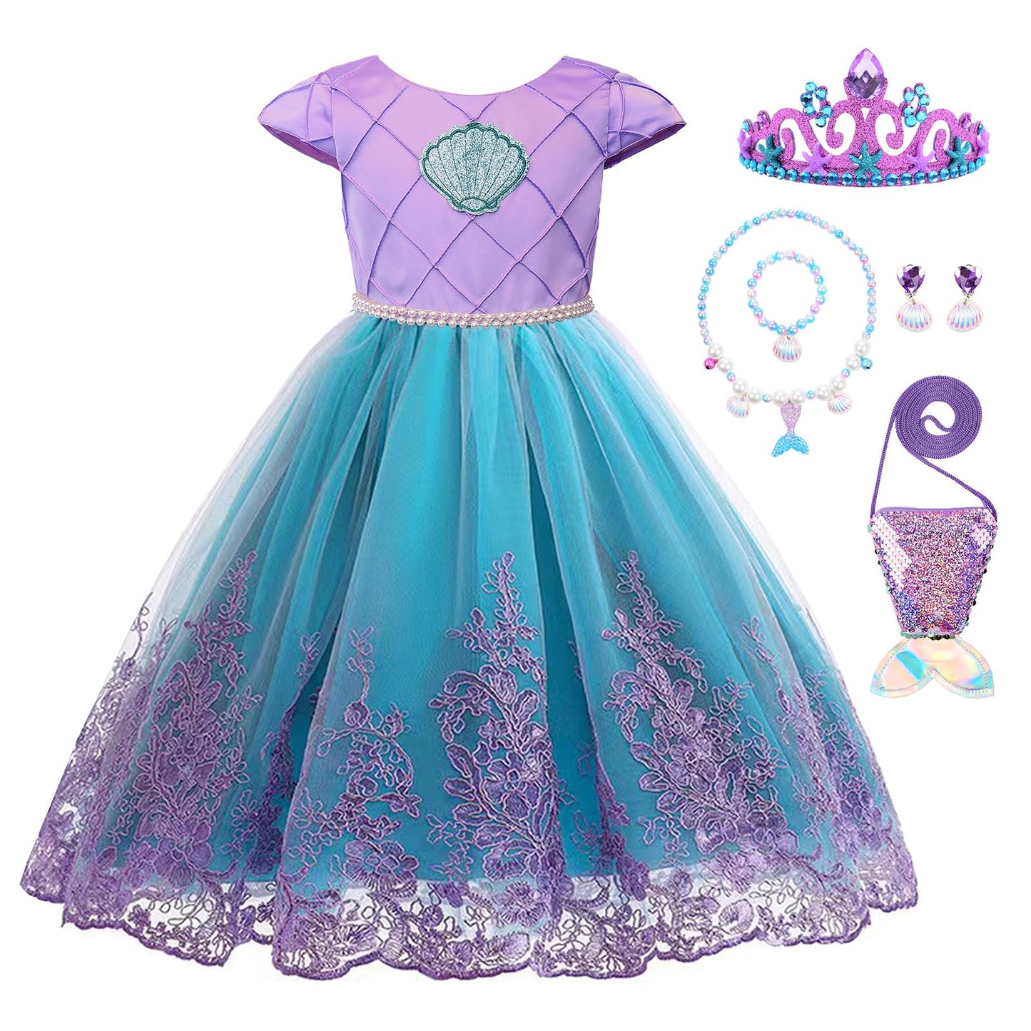 Elefairy Little Mermaid Costume For Girls Ariel Dress Up Outfit Kids Mermaid Birthday Party Gown Halloween Costume (8-9 Years/15