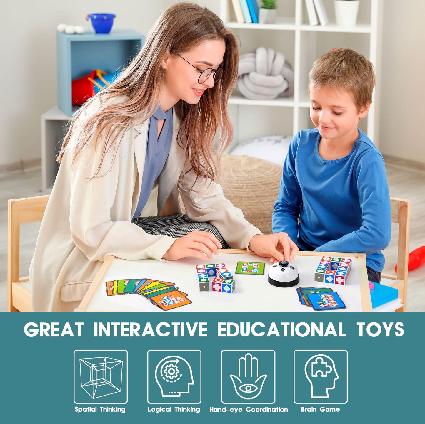 Funtactics Wooden Matching Game Puzzle 3.0 Games, Pattern Block Match Puzzles Building Cubes With Bell For Kids And Adults Toys Board Games For Family Night 5 Players