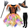 Girls Light-Up Witch Costume for Halloween - Orange&Black Glowing Witch Dress Up Costume Party Set with Broom & Hat & Wand & Bag & Pantyhose 10-12 Years