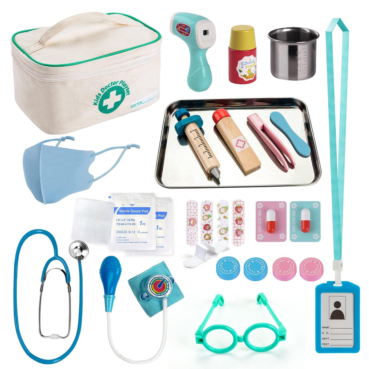 EFOSHM Kids Doctor kit 27 Piece, Toys Medical Kit with Stethoscope, Stainsteel Tray and Iodine Cup Role Doctor playset with Sign