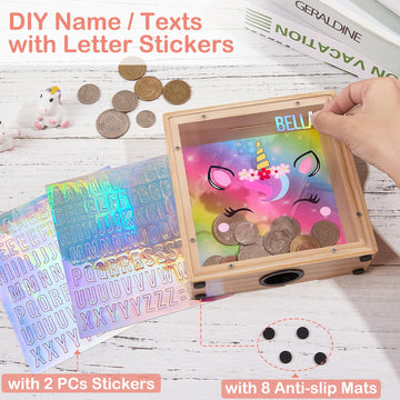 Piggy Bank Girls, Wooden Piggy Bank For Kids Unicorn Money Bank Coin Bank With Diy Letter Stickers,Rainbow