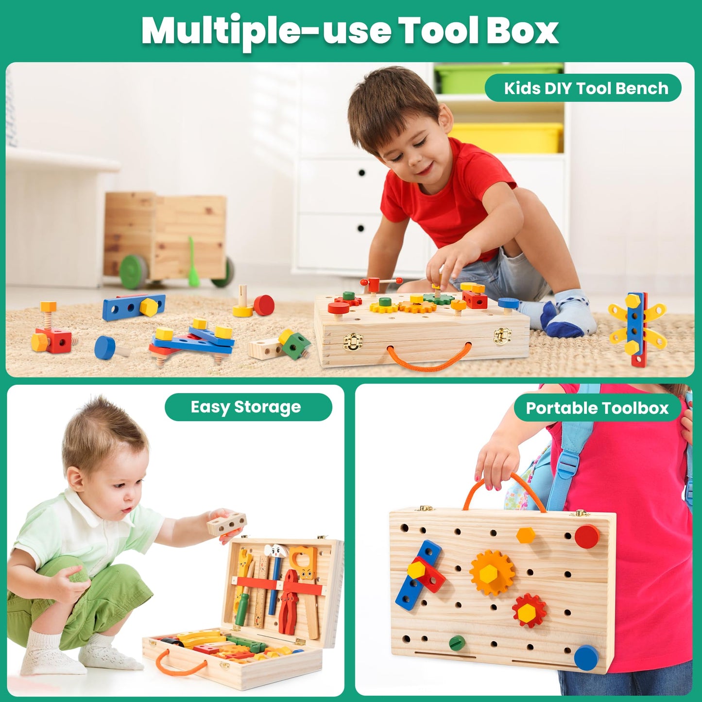 WOOOMAM Kids Tool Set, 90 PCS Wooden Toddler Tool Set with Box and Flash Cards, Tool Kit for Kids Age 3-5 Years, Toddler Boy Toy