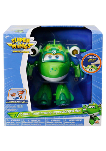 Super Wings 6'' Deluxe Transforming Supercharged Mira Airplane Toy - Green, with Light & Sound Effects for Kids 3-5 Years Old