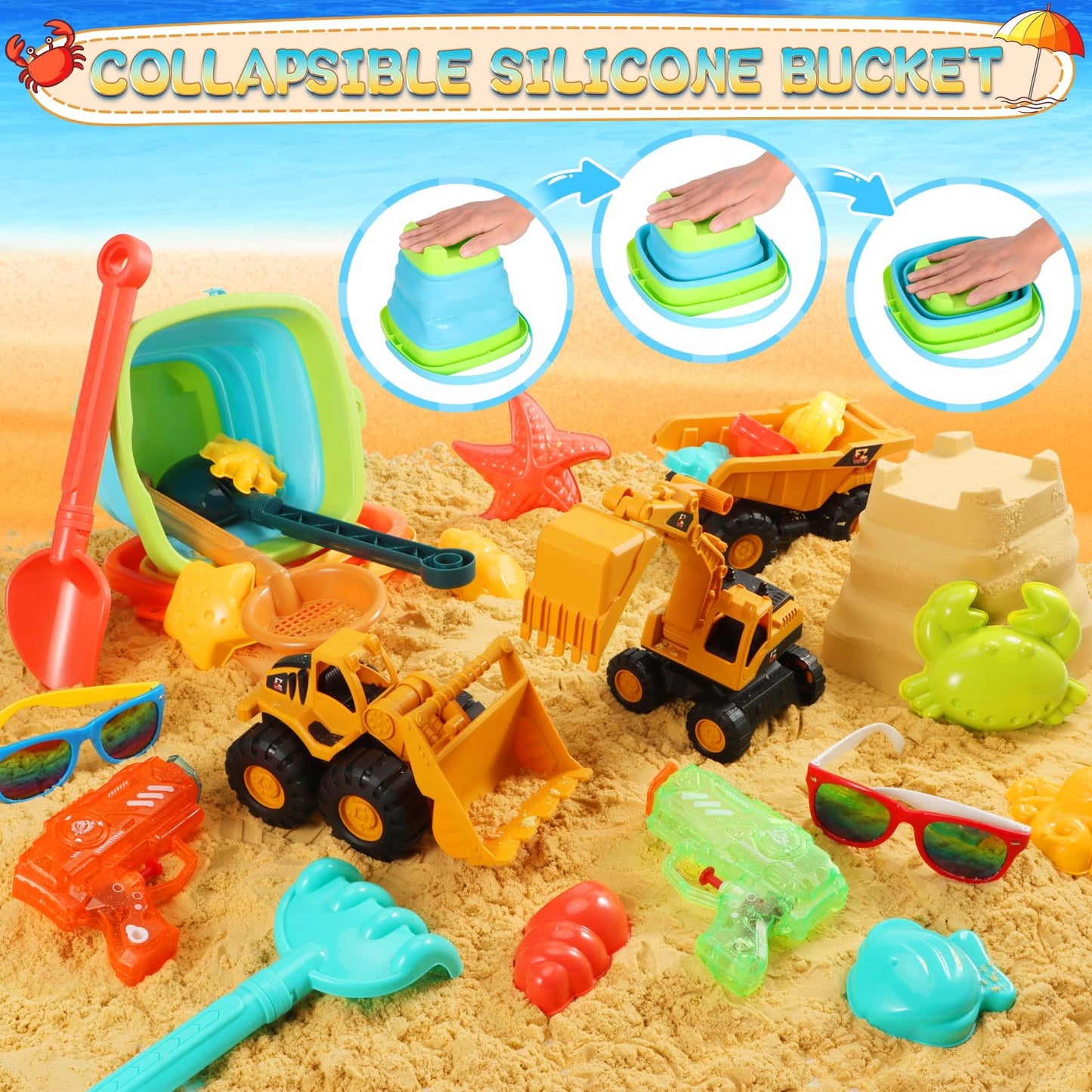 Beach Toys for Kids, 26PCS Sandbox Toys with 2 Collapsible Bucket Sand,3 Dump Truck,2 Sunglasses,Ocean Sand Molds,Mini Play Wate