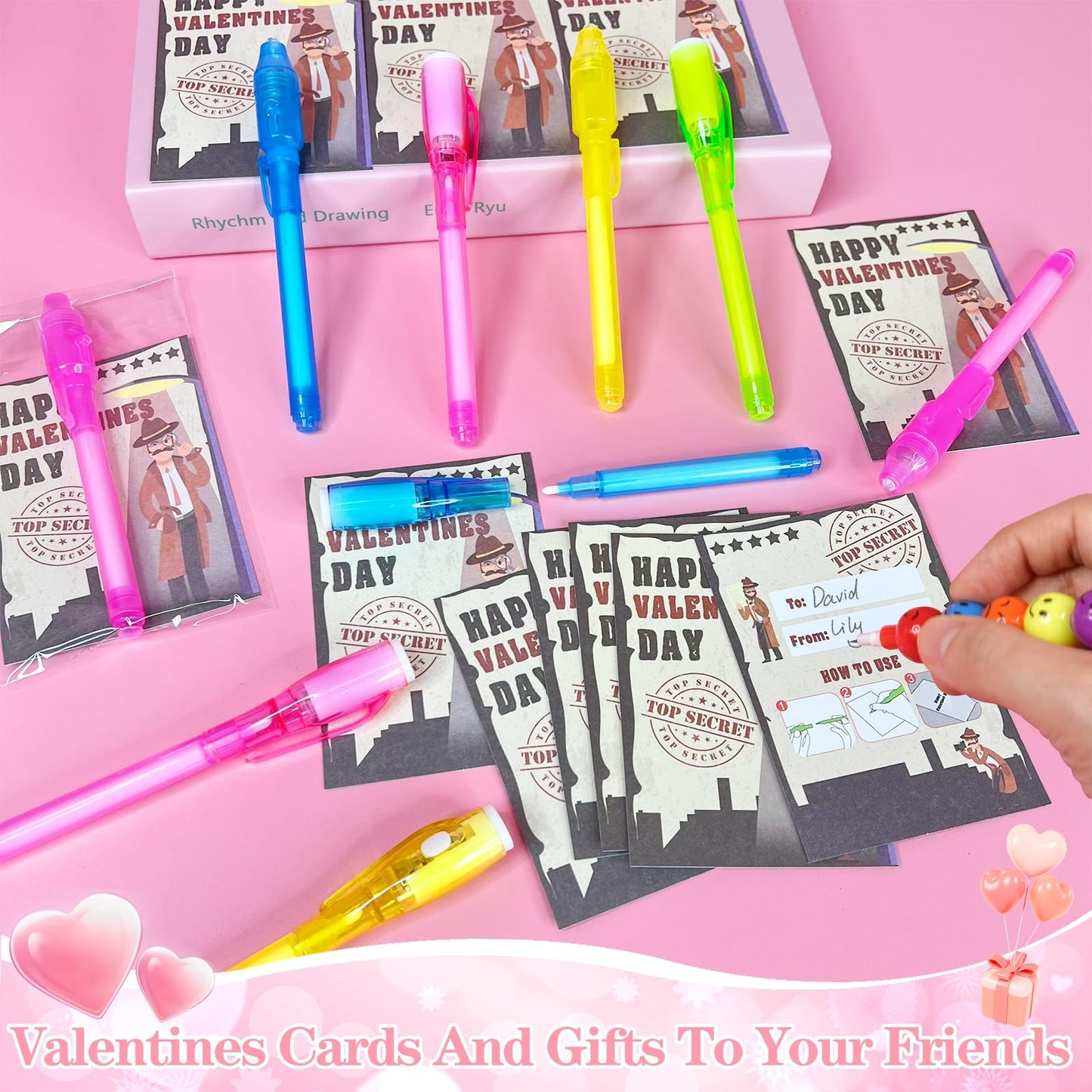Igeekid 28 Pack Valentine'S Day Cards For Kids Invisible Ink Pen With Uv Black Light Valentine Gift School Supplies Secret Spy P